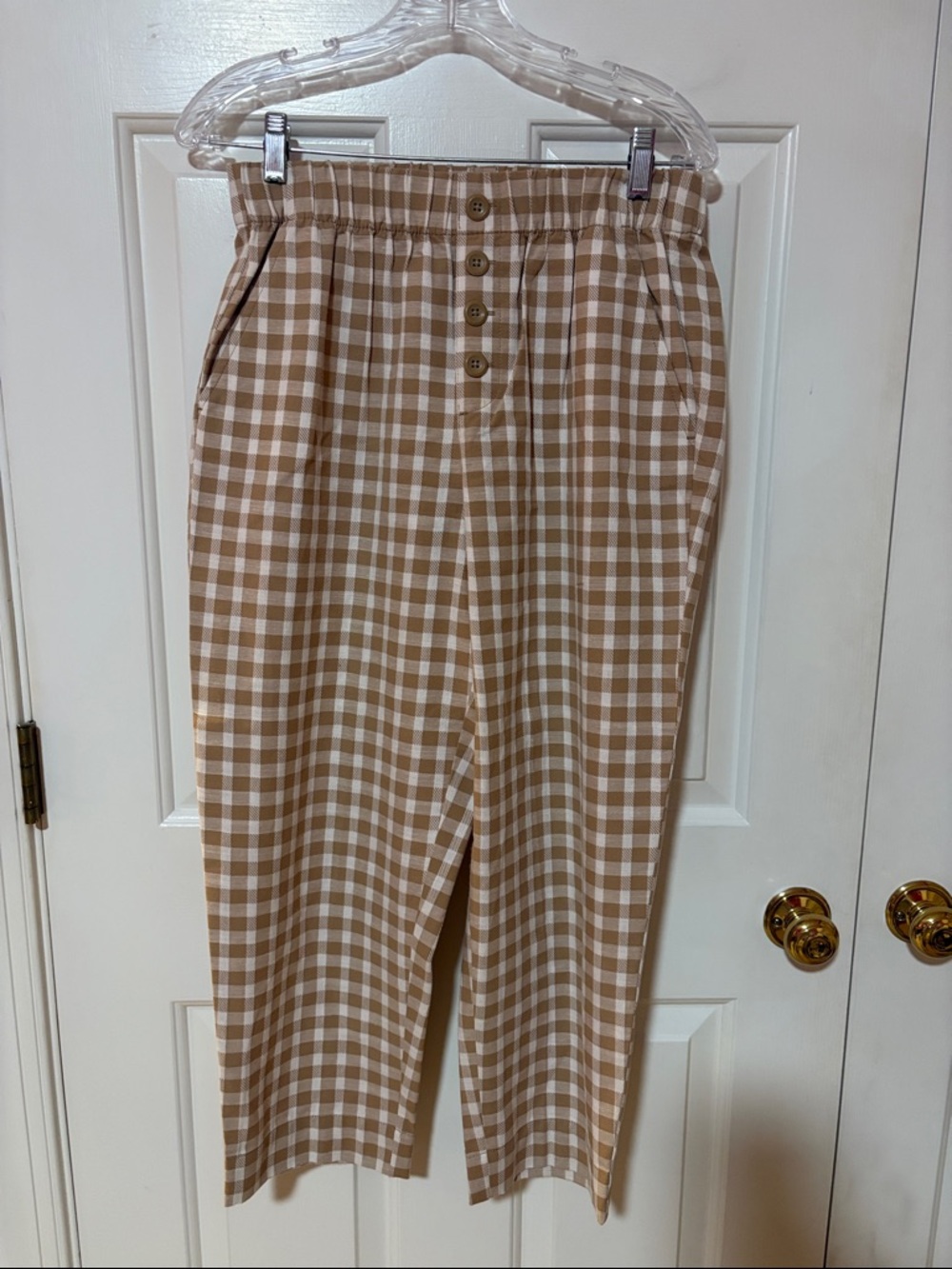 Loft Gingham High-Waist Button Front Pants - Beige & White